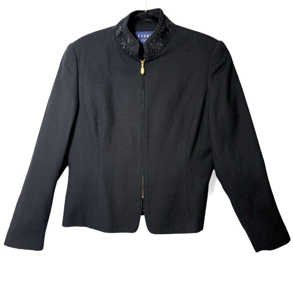 90s VTG Andrea Viccaro 100% New Wool Jacket Black sz 12 Embroidered Stand Collar